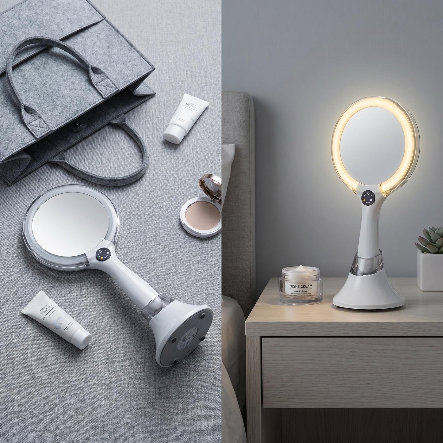 Starlite Handheld Rechargeable Lighted Makeup Mirror with Stand, 1X/5X Magnification, Dual Sided & Vanity Mirror with Bright and Warm Light, Cordless Rechargeable Mirror (White Colour)
