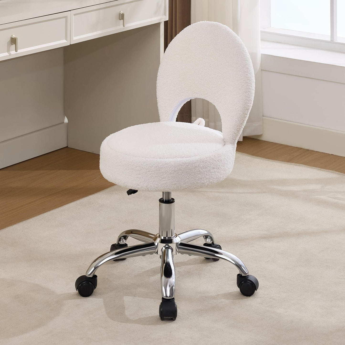 Forfutra Home Office Chair Foldable Vanity Chair Vanity Stool with Storage 15.8" Spacious Seat 360° Swivel Height Adjustable White