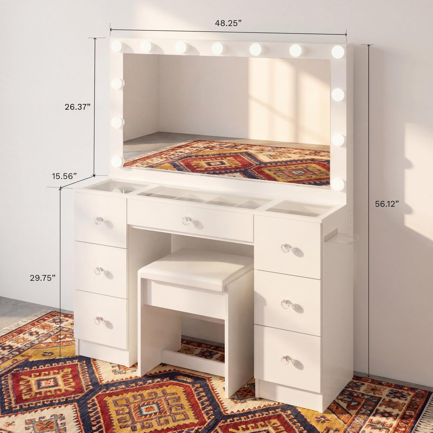 Boahaus Nova Vanity Desk with Framed Bulb Mirror & Stool – 7 Drawer Integrated Makeup Station