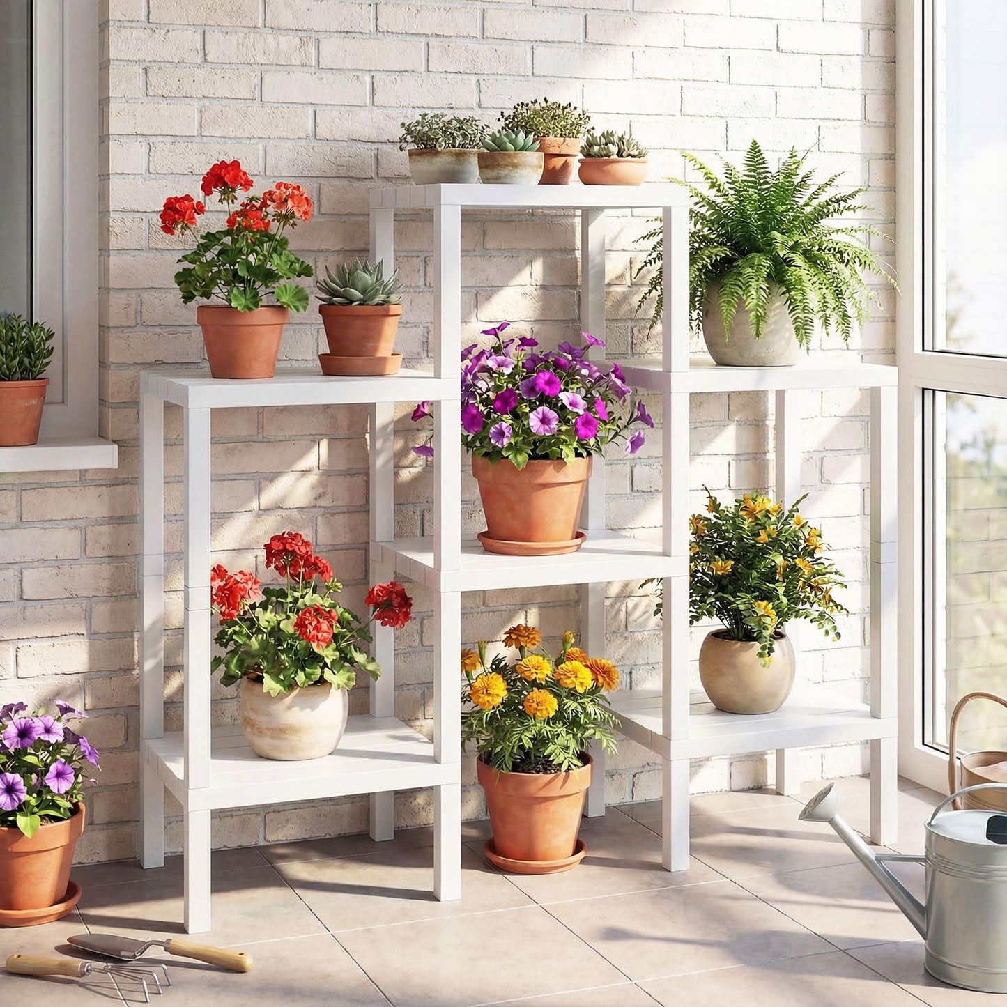 Giantex 6-Tier Plastic Modular Storage Shelves, Open Display Utility Shelving Unit, Multifunctional Plant Holder, Freestanding Storage Rack Organizer for Living Room, Bathroom and Kitchen (White)