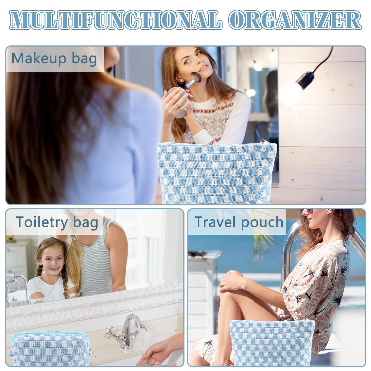 ZLFSRQ 3Pcs Checkered Makeup Bag for Women Large Small Checkered Cosmetic Bag Set Aesthetic Preppy Pencil Case Cute Pencil Pouch Blue Makeup Pouch for Purse Travel Toiletry Bags Zipper Skincare Bags
