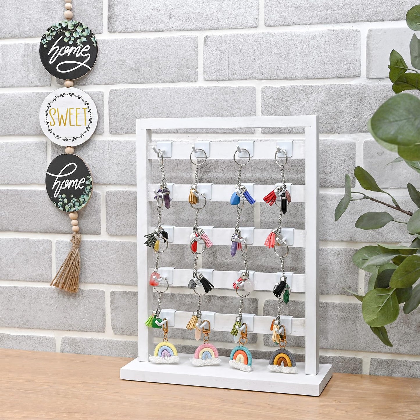 Ikee Design 5 Tiers Free Assemble Wooden Jewelry Display Rack with 20 Removable Metal Hooks,Earring Card Display Stand,Jewelry Organizer,Bracelet Organizer,Keychain Display Stand,Wash White
