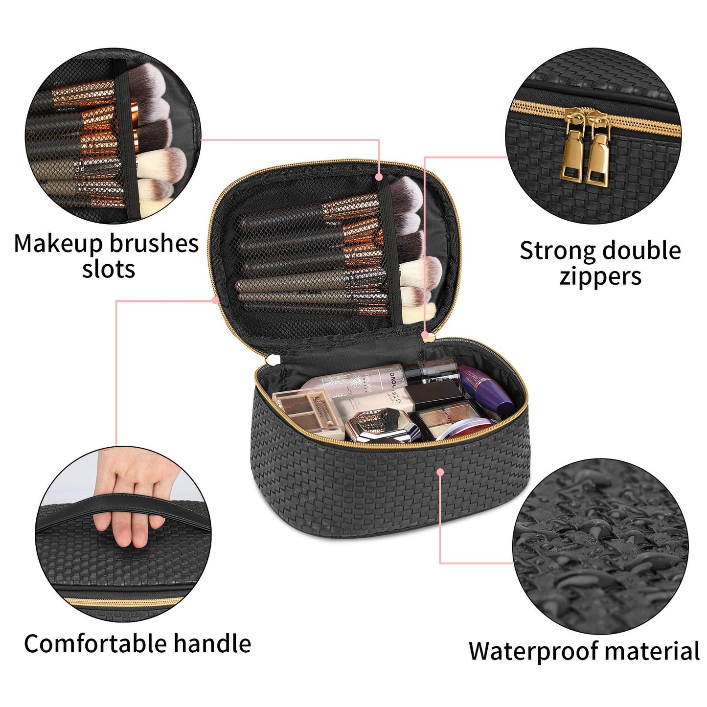 KTMOUW Makeup Bag 3 Pcs waterproof Cosmetic Bag Portable Travel Cosmetic Bag Weave Organizer storage bag (Black)