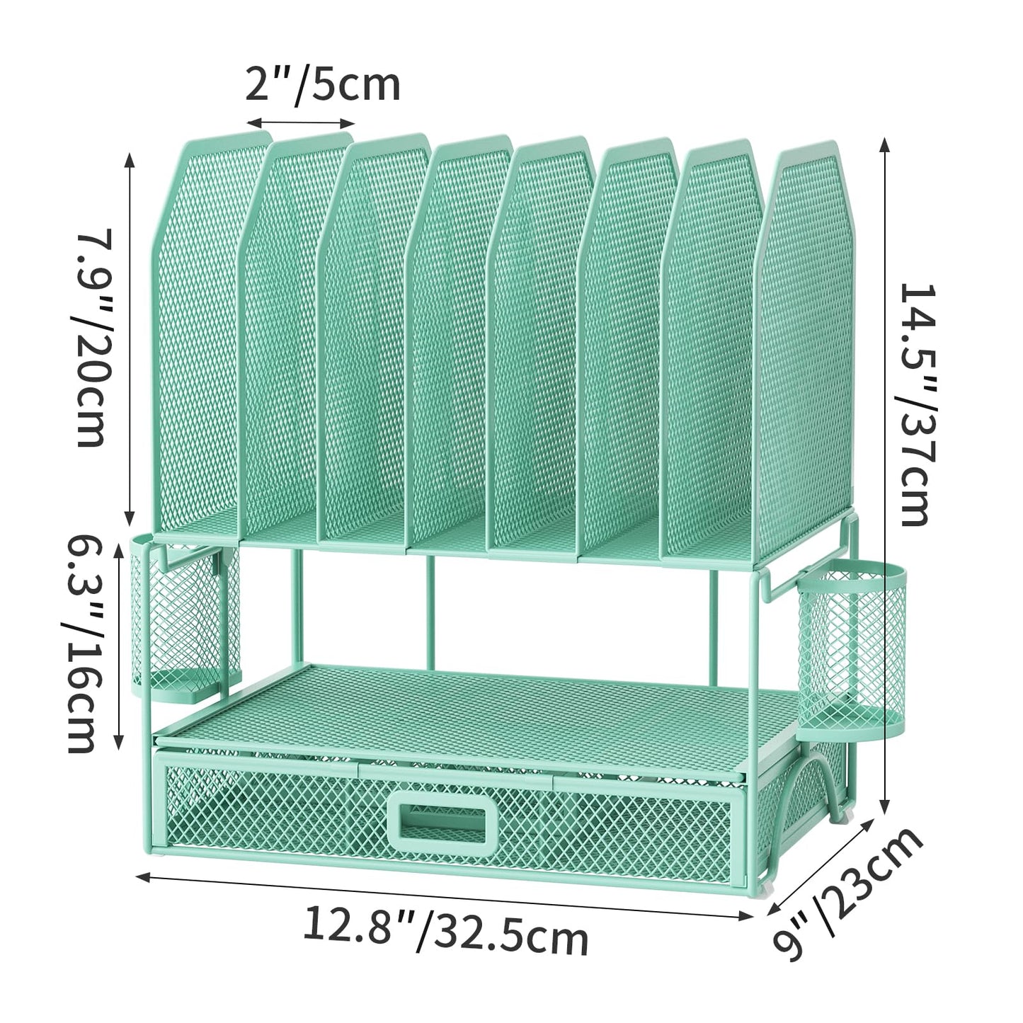 FANXIYQ Metal Desk Organizer with Sliding Drawer, 7-Section File Organizer for Desk, Desktop File Folder & Paper Organizer with 2 Hanging Pen Holders, Office Supplies Organizer, Green