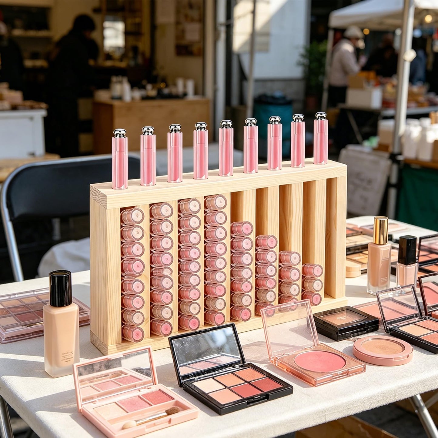 YEXEXINM 10 Slot Wooden Lipsticks Holder 0.7 Inch Lipstick Organizer for Selling, Lip Gloss Tube Display Rack Large Capacity for Craft Shows Market Booth Retail