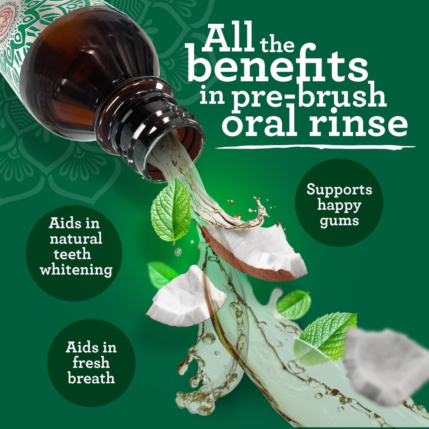 GuruNanda Starter Pulling Oil Mouthwash for Natural Teeth Whitening, Coconut and Peppermint Oil for Fresh Breath & Happy Gums, with Tongue Scraper, Alcohol-Free, 2X8 Oz