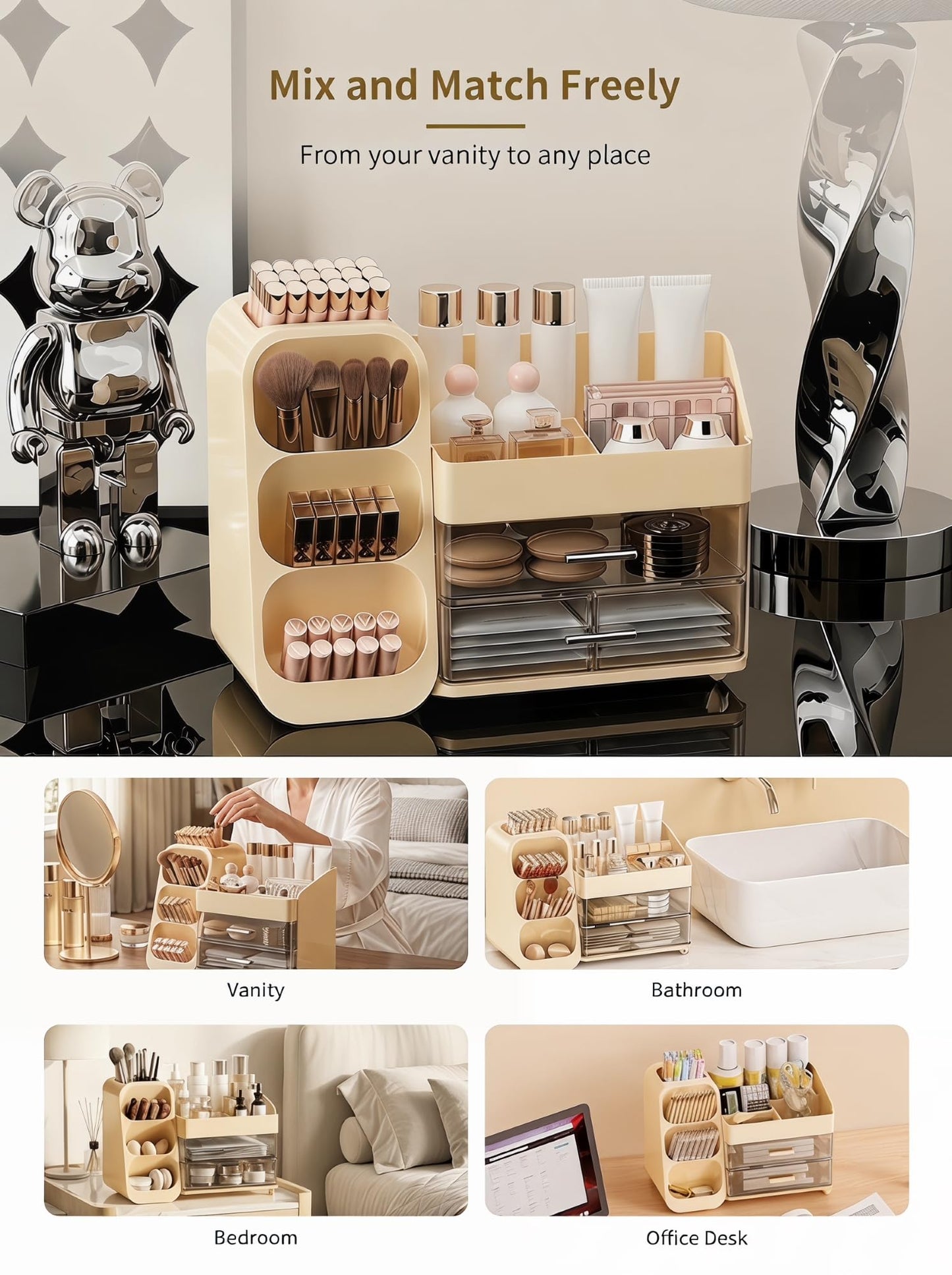 Booklov Makeup Organizer for Vanity, Large Capacity Cosmetic Display Case with Clear Acrylic Drawer, Countertop Beauty Storage Holder for Skincare, Brush Eyeshadow Lipstick Counter Desk, Crystal Cream