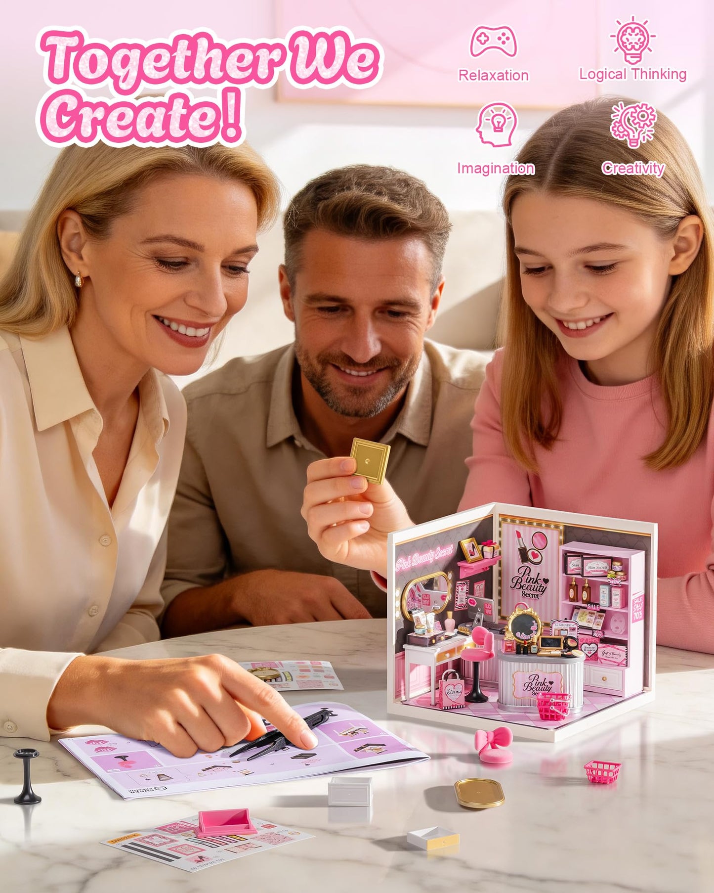 Rolife Super Creator Pink Beauty Secret DIY Miniature House Kit - No Glue Plastic Click-Assembly Dollhouse with Type-C LED Light - Stackable Room Box Toy for Adults and Teens (115 PCS)