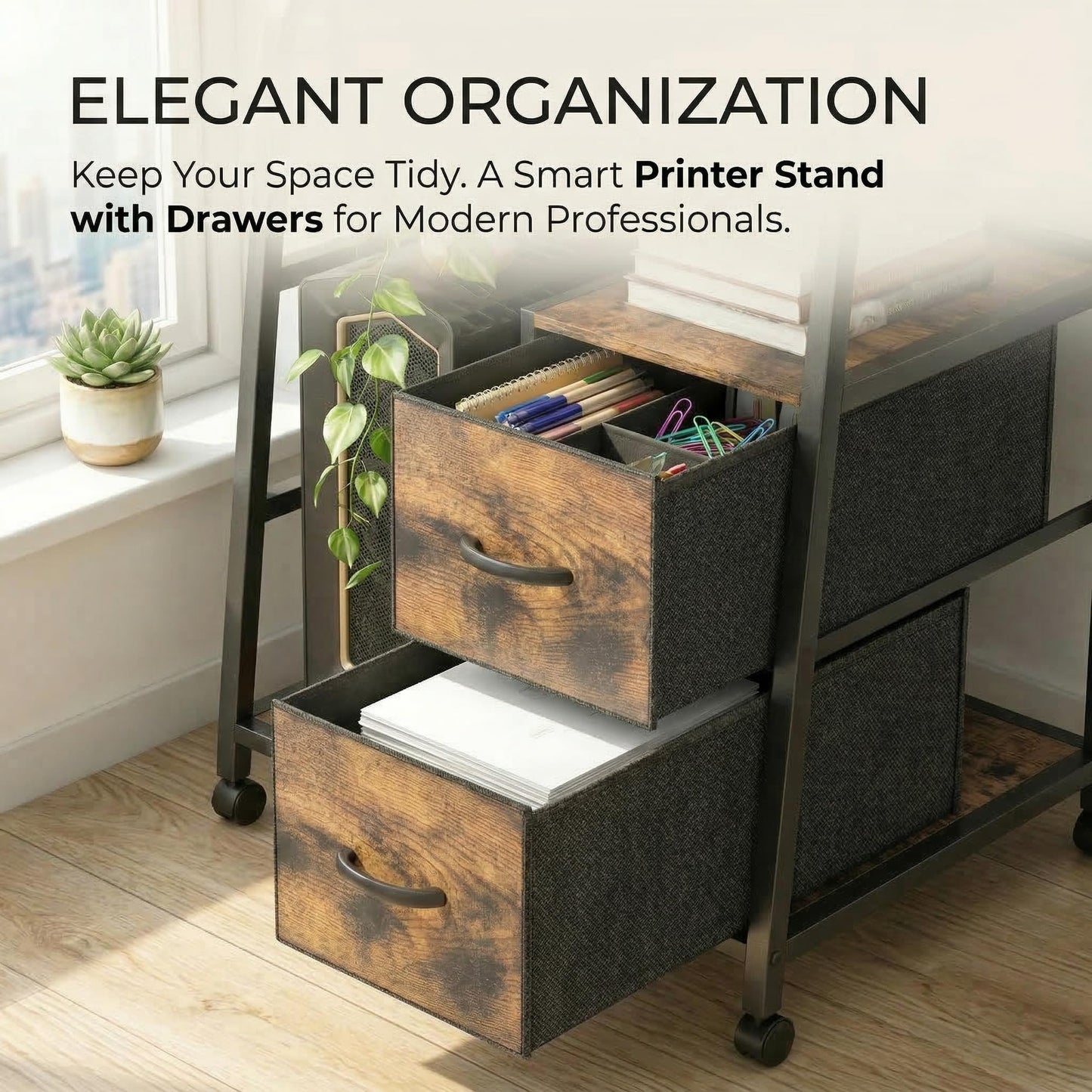 ZEXVIDA Printer Stand Featuring Fabric Drawers, Under Desk Host Computer Cabinet and Shredder Shelf, Heavy Duty Printer Stand with Storage Workstation Organization Printer Table for Home Office