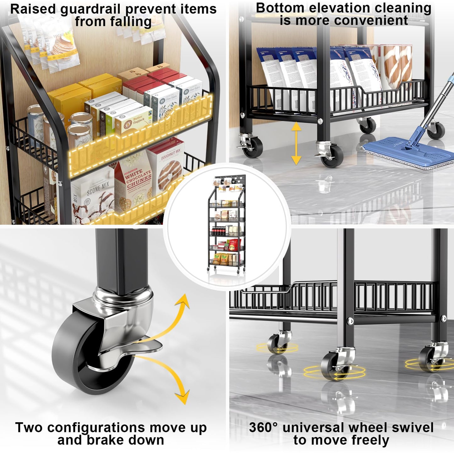 QJSZMEI 5 Tier Snack Rack Display Stand, Metal Retail Display Rack with Wheels and 15 Hooks, Snack Cart Organizer for Supermarkets Convenience Stores Home Kitchens