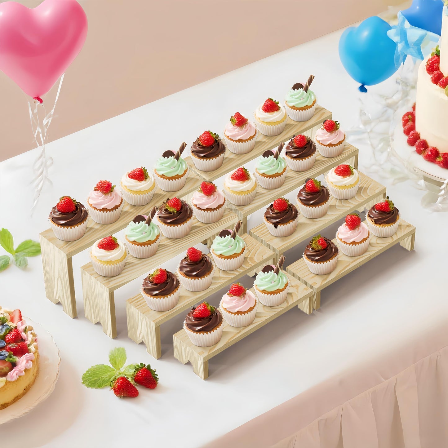 Large 4 Set wood tone Wooden Tiered Display Stands 4 Tier Stackable Pine Wood Display Risers, Suitable for Vendor Events, Cupcake Stands, cake stand Wooden Dessert Table Sets, Vendor Booth Displays,Cosmetic & Perfume Display Tools, Kitchen Spice Storage,