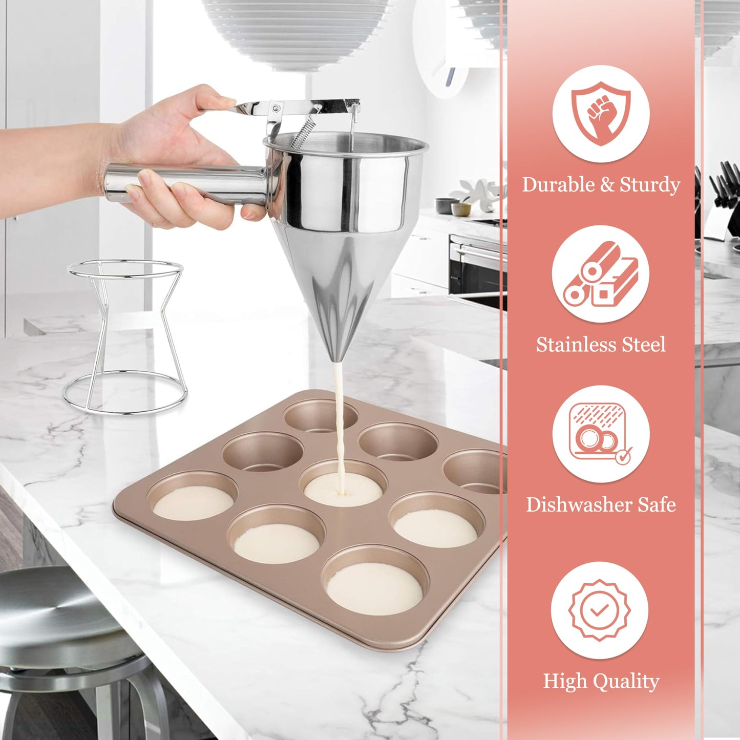 KOLIBROX Piston Funnel with Stand - Stainless Steel Confectionery Funnel for Batter Dispensing & Bakery Use - Precise Cake Decorating Tool - Perfect for Pouring Sauces, Chocolate & Fillings | Silver