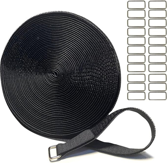 0.8in-32ft Hook and Loop Cable Straps with 50 Metal Buckles, Adjustable Fastening Straps, Reusable Free Cut Length Cord Straps