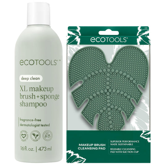 EcoTools Makeup Brush Cleaner Set – Brush & Sponge Shampoo (Extra Large Bottle) + Silicone Cleansing Pad with Suction