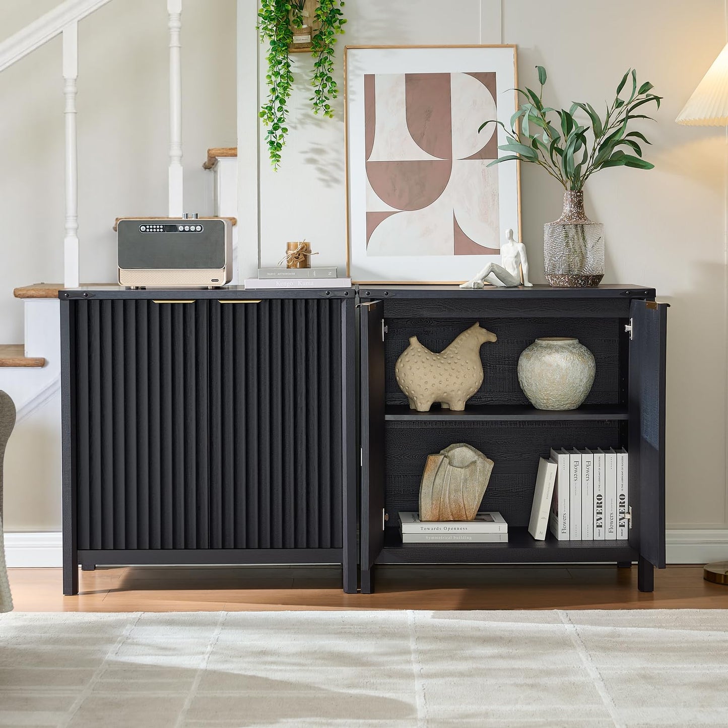 BuildHom 32" Sideboard Buffet Cabinet with Storage, Fluted Accent Storage Cabinet with 2 Doors, Modern Accent Coffee Bar Console Table for Kitchen, Entryway, Black Oak