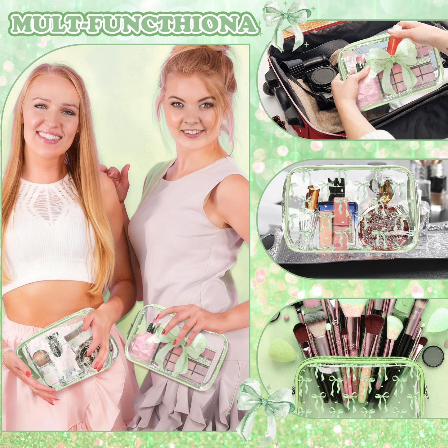 Kacctyen 10 Pcs Sage Green Bow Makeup Bags Bulk Gifts for Girl Women Birthday Party Favors Coquette Pastel Bow PVC Clear Cosmetic Bags Waterproof Travel Toiletry Pouch for Party Favors