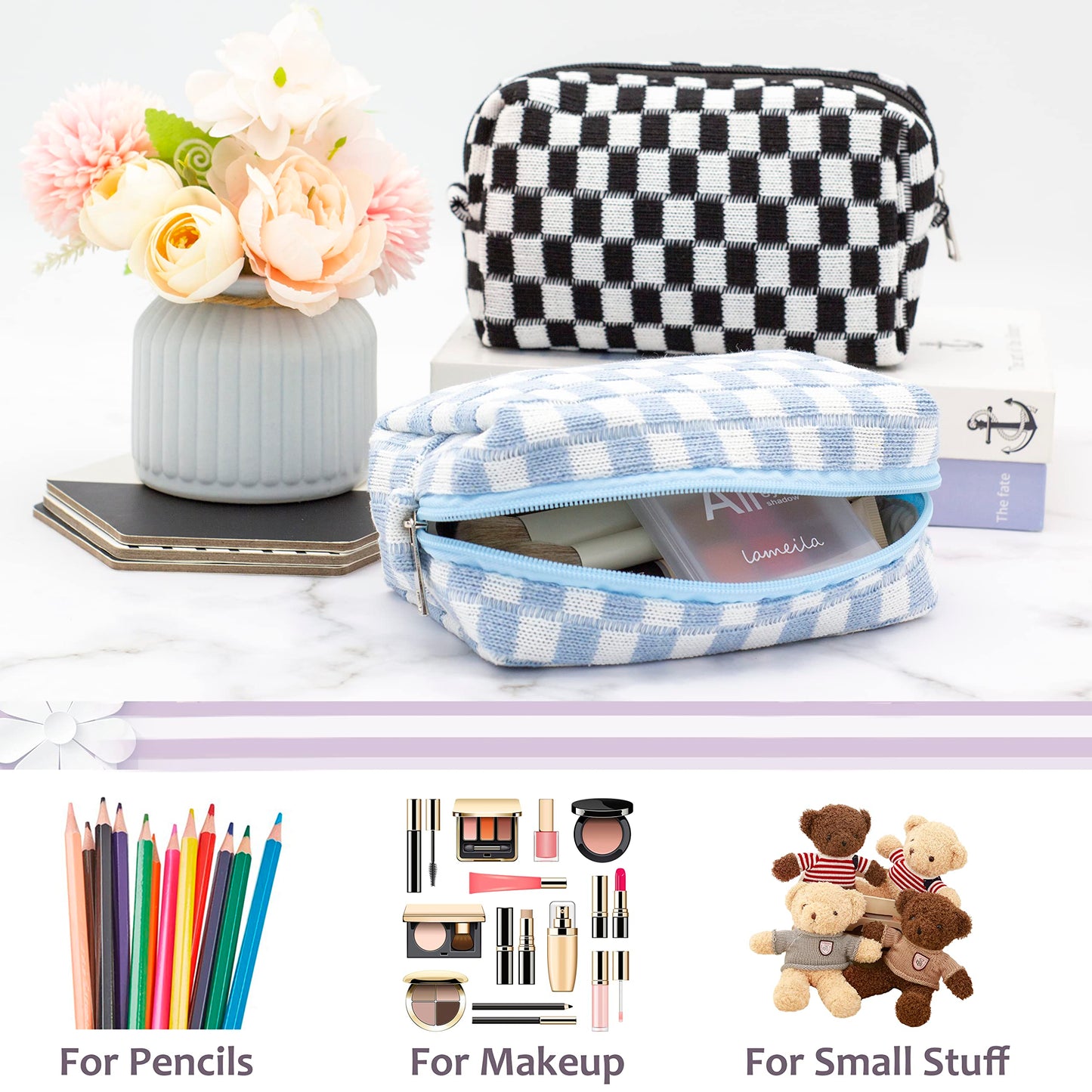 PAZIMIIK Checkered Makeup Bag for Purse Portable Zipper Make Up Pouch Small Cosmetic Case for Travel Accessories (6PCS Blue)