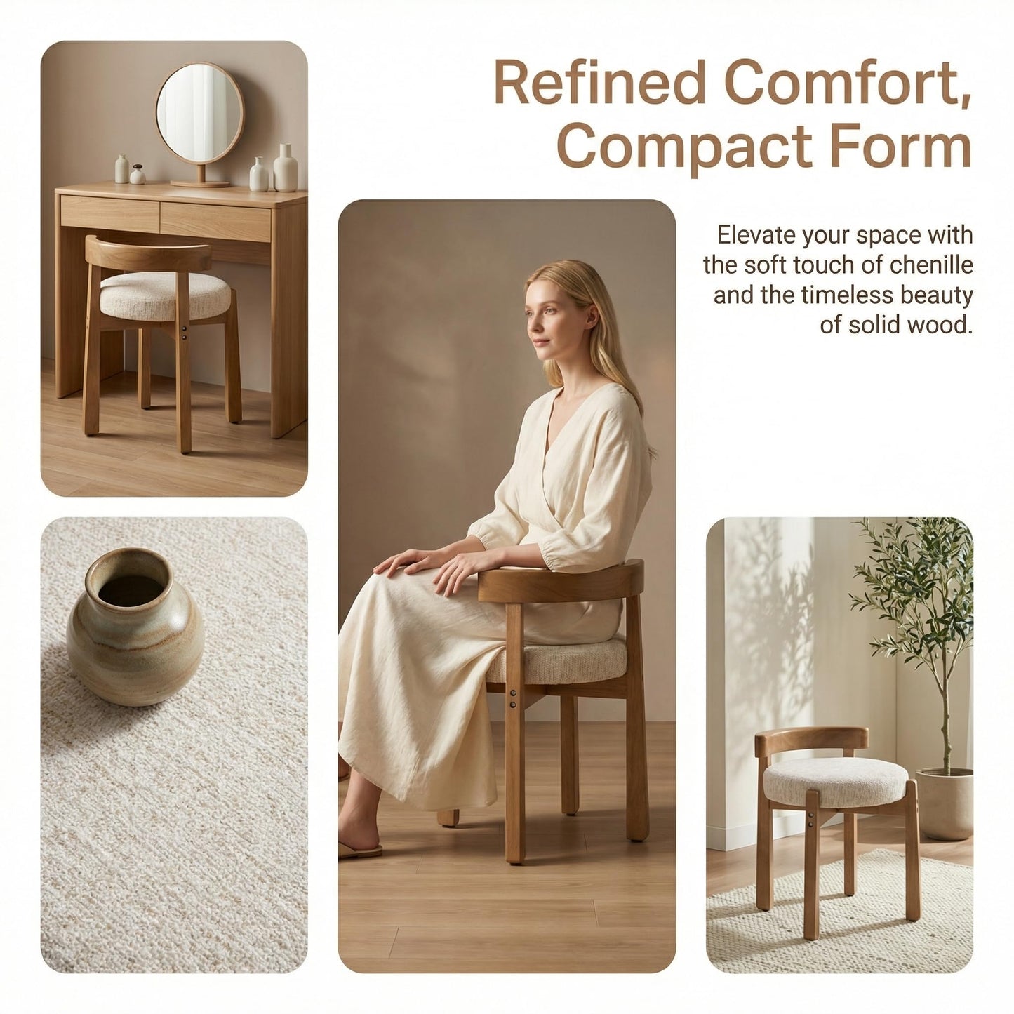 HNY Modern Chenille Vanity Chair & Ottoman: Upholstered Round Seat with Solid Wood Legs, for Makeup Dressing, Living Room Footrest or Piano Bench, Beige