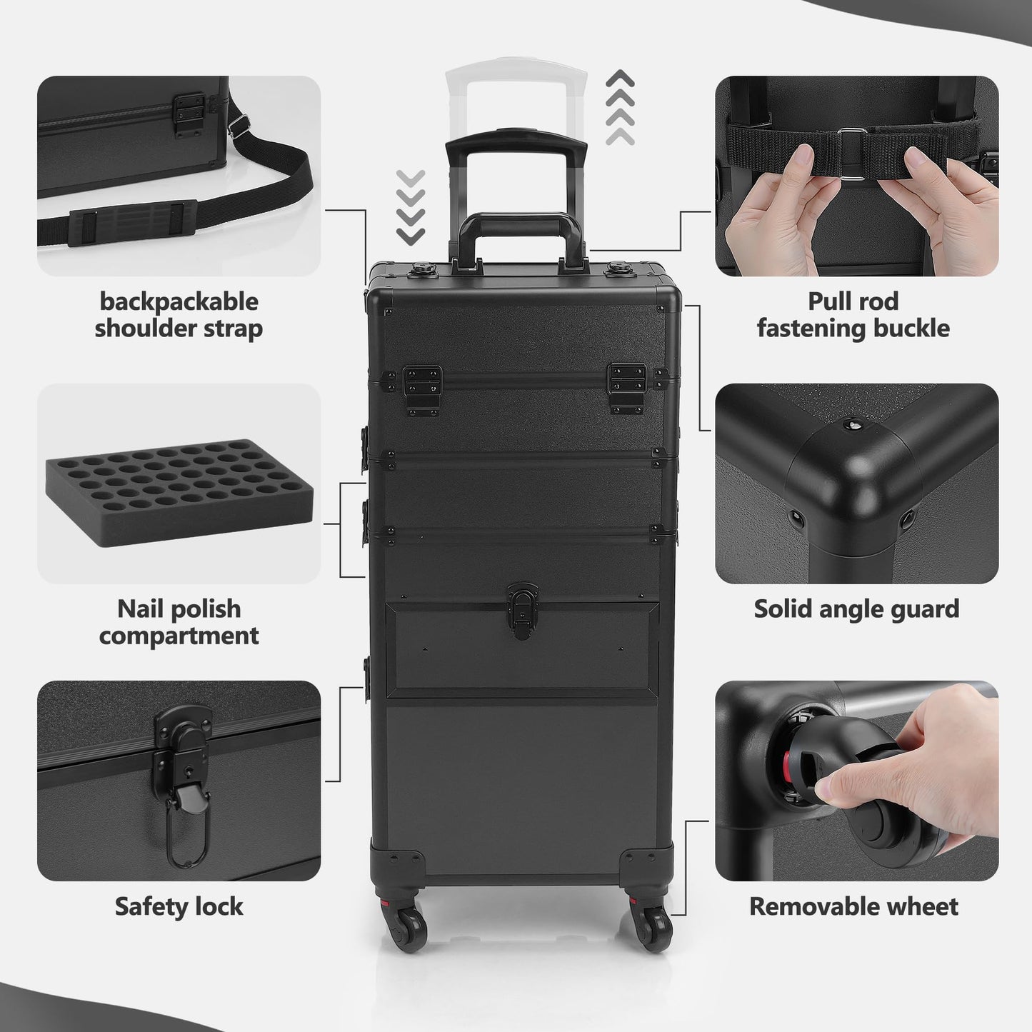 Somduy 4 in 1 Rolling Makeup Case on Wheels with Drawer and Professional Cosmetic Organizers for Salon Barber - Bright Black