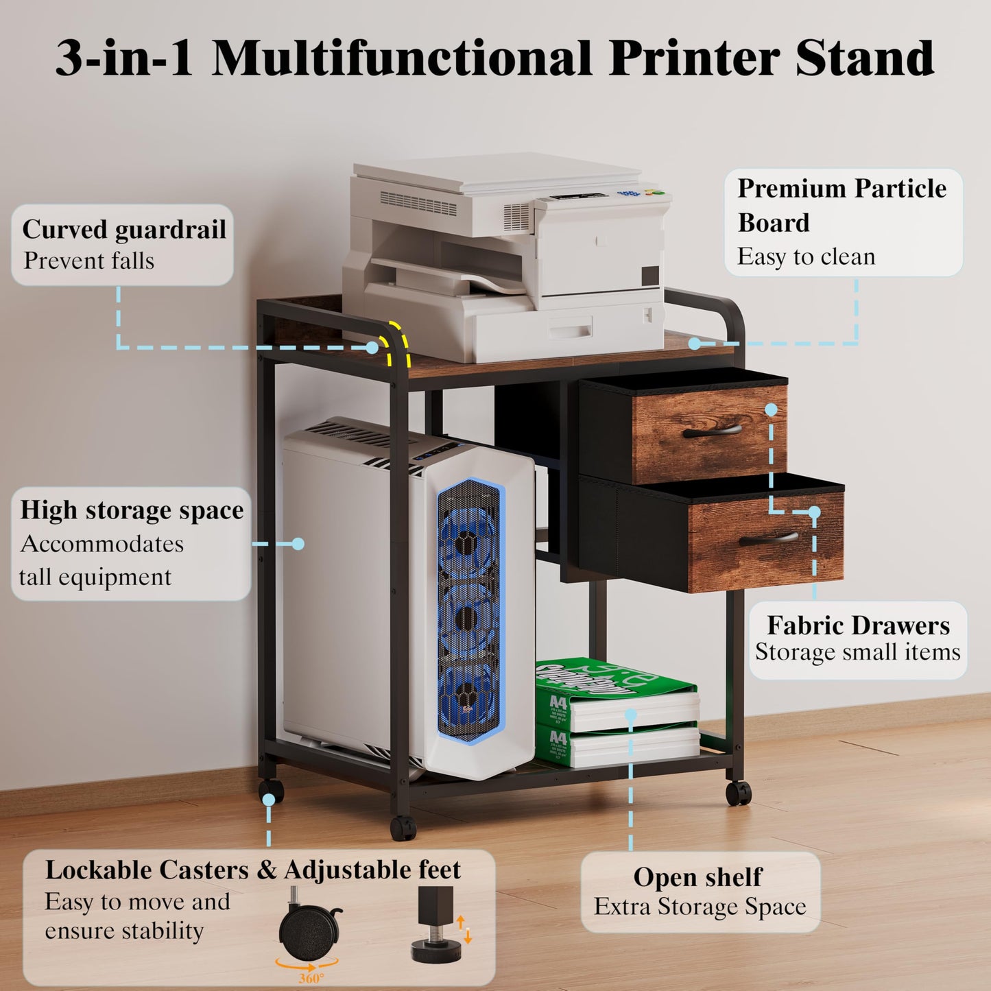 Unionly Large Printer Stand with 2 Fabric Drawers, Mobile Printer Table with Wheels and Computer Tower Slot for Home Office Storage and Organization, Rustic Brown (Rustic Brown)