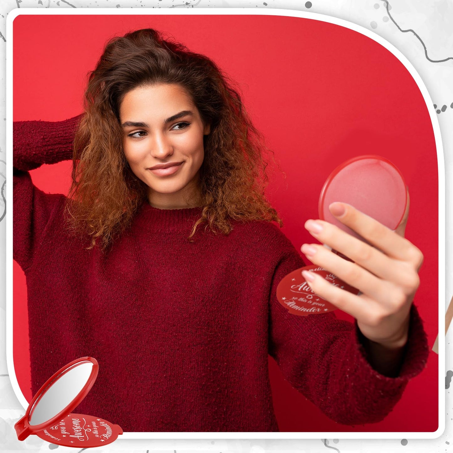 Gulfmew 36 Pcs 2.76 Inch Inspirational Compact Mirror Bulk Women Small Gifts Graduation Mothers Day Party Favors Purse Mirror Pocket Mini Items for Adult Coworker Cheerleader Swag Bag (Red)