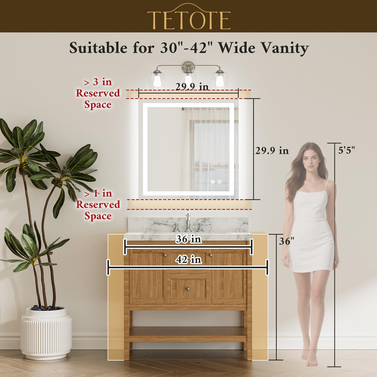 TETOTE 30 x 30 Inch LED Bathroom Mirror with Frontlit and Backlit, Brighter Light up Bathroom Vanity Mirror with Lights, 3-Color Dimmable Illuminated Anti Fog Mirror Wall Mounted, Waterproof