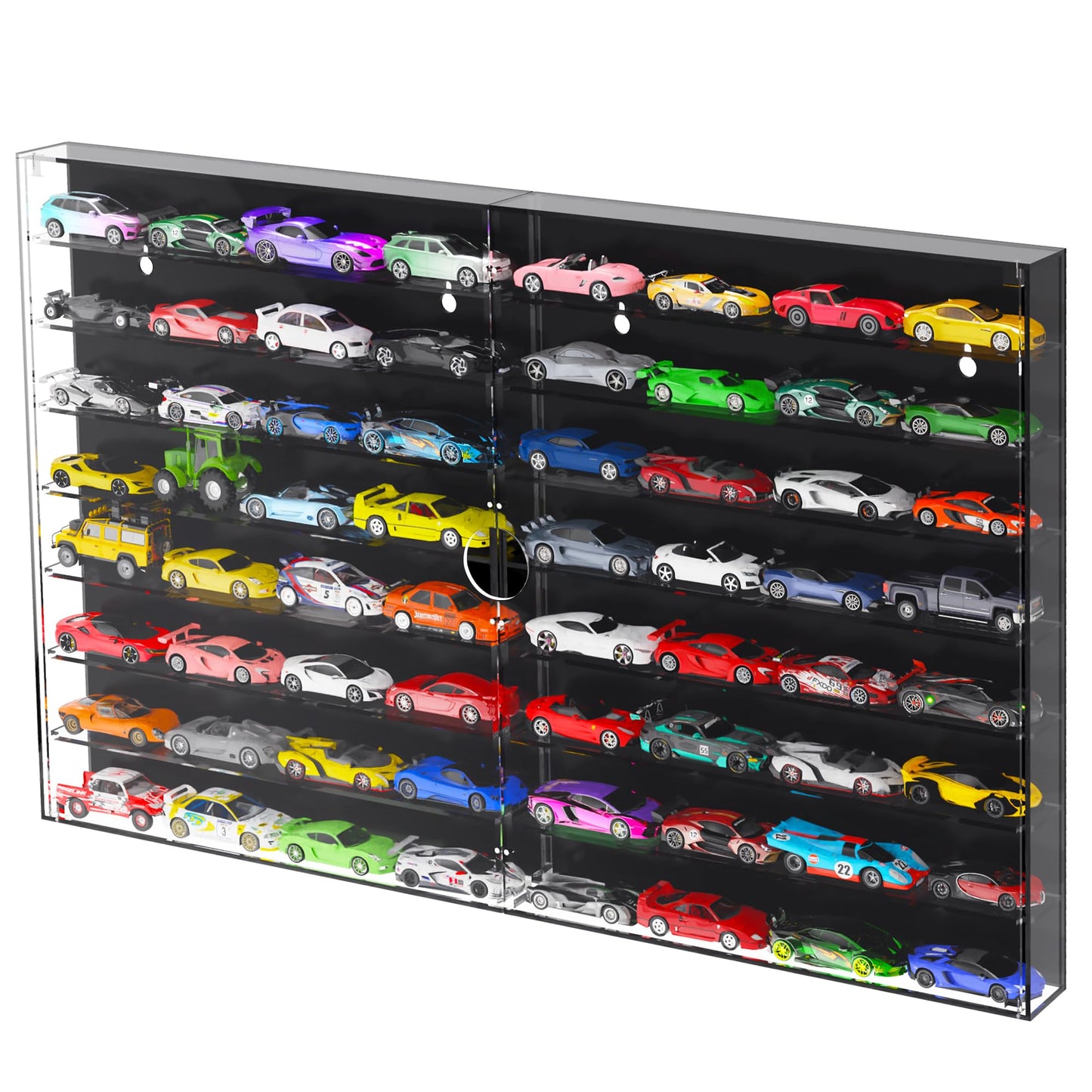 Alyoen 1/64 Scale Small Toy car Display Case, 2 in 1 Cars Display Case Wall-Mounted, Storage Cabinet with Magnetic Doors - Holds Up to 64 Cars（Black）