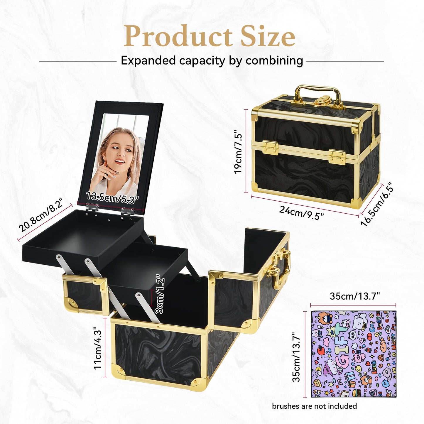 GALHUBIS Makeup Train Case, Portable Makeup Case with Mirror, 2-Trays Cosmetic Organizer Case,Nail Polish Organizer, Travel Makeup Box, Profesional for Salon Barber, Black Gold
