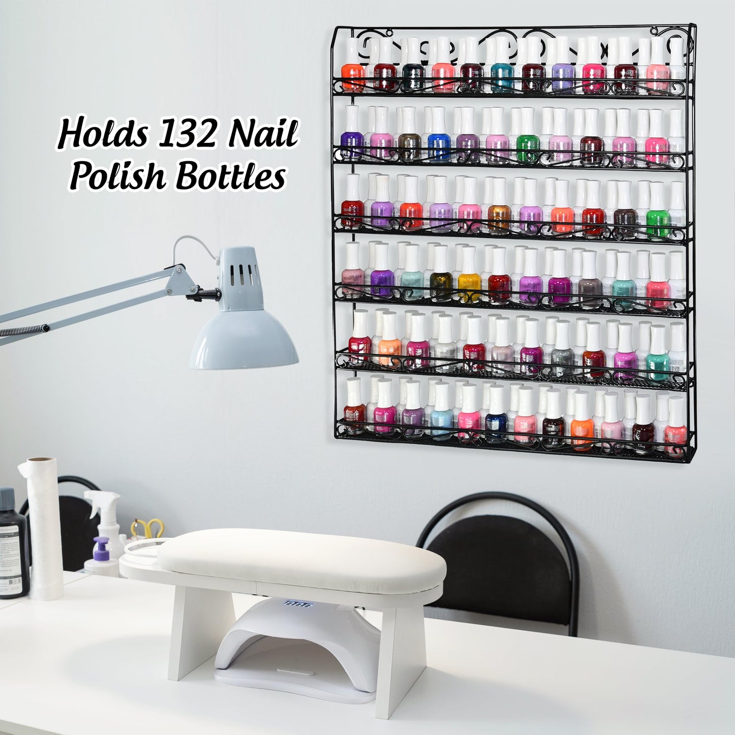 AMT 6 Tier Metal Nail Polish Racks for The Wall, Up to 132 Bottles, Clear Quality Nail Polish Display, Essential Oils Organizer (132 Bottles or 60 Jars - Black)