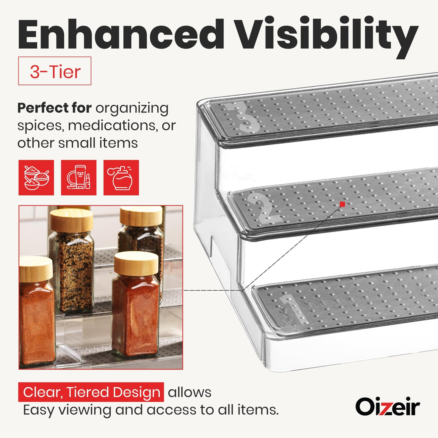 Oizeir Expandable Spice Rack Organizer for Cabinet (2 Pack), 3-Tier Clear Tiered Shelf, Non-Slip Adjustable Spice Cabinet Organizer for Kitchen Pantry, Medicine, Seasoning & Bottle Storage