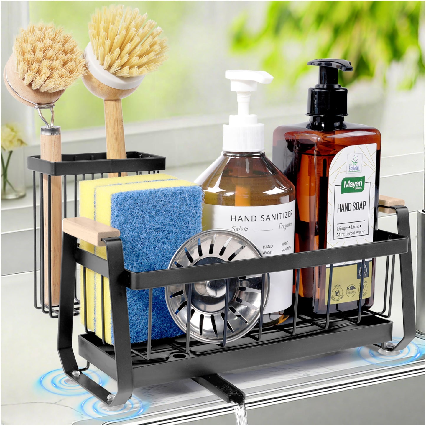 Ouletoy Sponge Holder for Kitchen Sink Organizer, Stainless Steel Sink Caddy Suction Cup with Dish Brush Holder, Rustproof Drying Rack, Sponge Caddy and Dish Soap Organizer for Kitchen Countertop