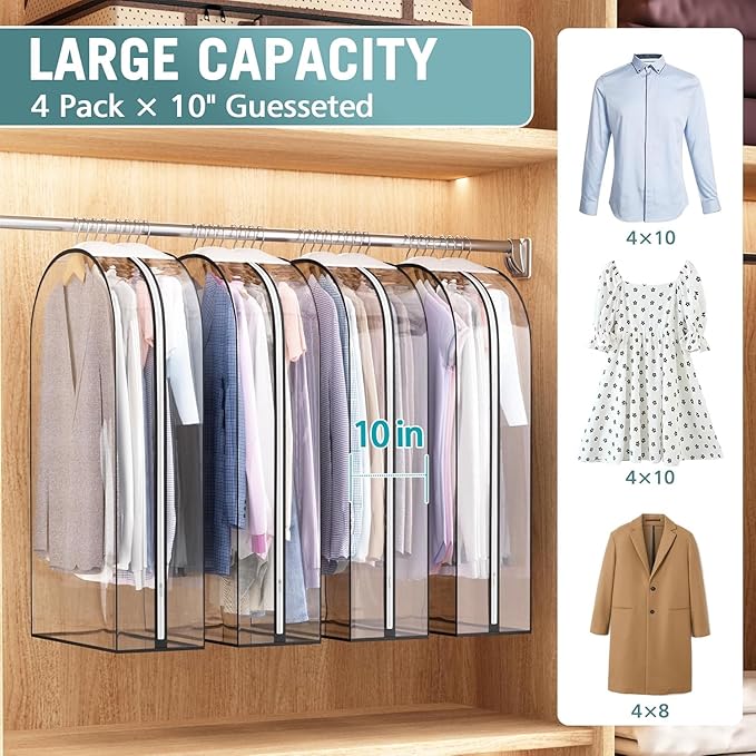 Clear Garment Bags for Hanging Clothes 10” Gusseted, Suit Bags for Closet Storage, Hanging Plastic Clothes Cover for Coat, Dress, Fur, Shirt, 4 Pack, 40” Long