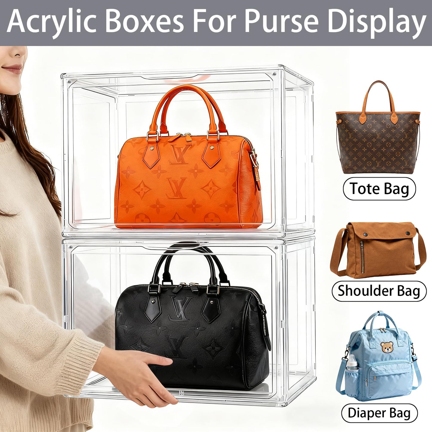 5 Pack XXX-Large Acrylic Purse Organizer for Closet, 17.3''x13''x13 Clear Display Case Bag Handbag Storage Box with Magnetic Lid, Plastic Storage Bins for Helmet, Tall Boots, Large Figure Collectibles