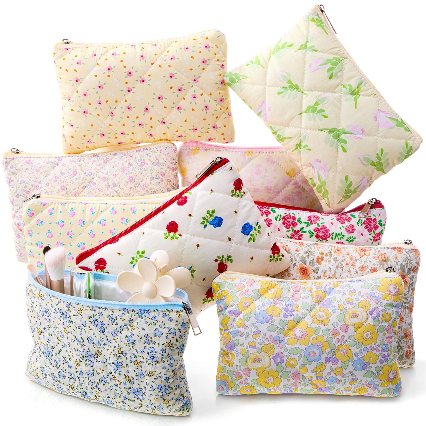 Paterr 10 Pcs Quilted Makeup Bag Bulk Cotton Floral Cosmetic Bag Women Girls Bridesmaid Gifts Cute Makeup Pouch Coquette Aesthetic Travel Toiletry Organizer(Rustic Floral,9.06 x 5.91 Inches)