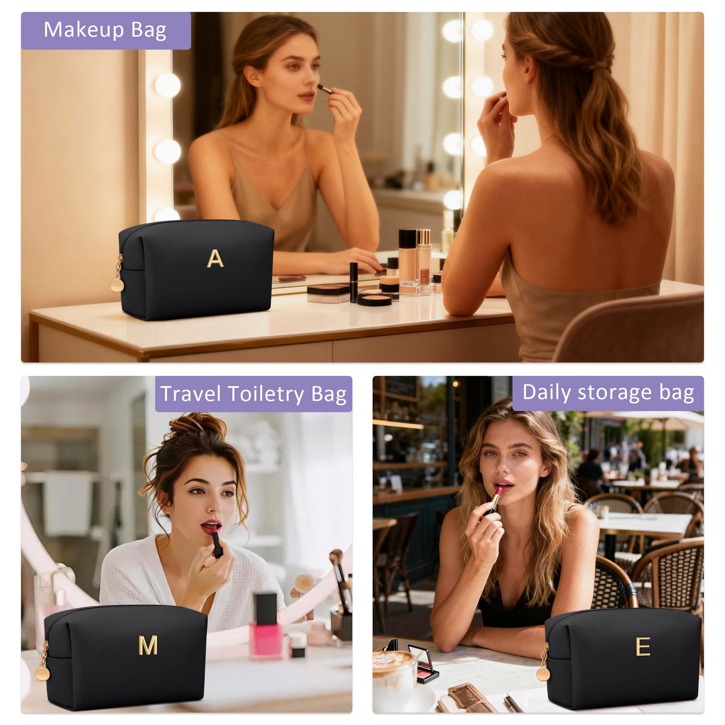 CLOUDWINGS Gifts for Women Bridesmaid Gifts Personalized Initial Makeup Bag PU Leather Cosmetic Waterproof Travel Toiletry Bag (Black A)