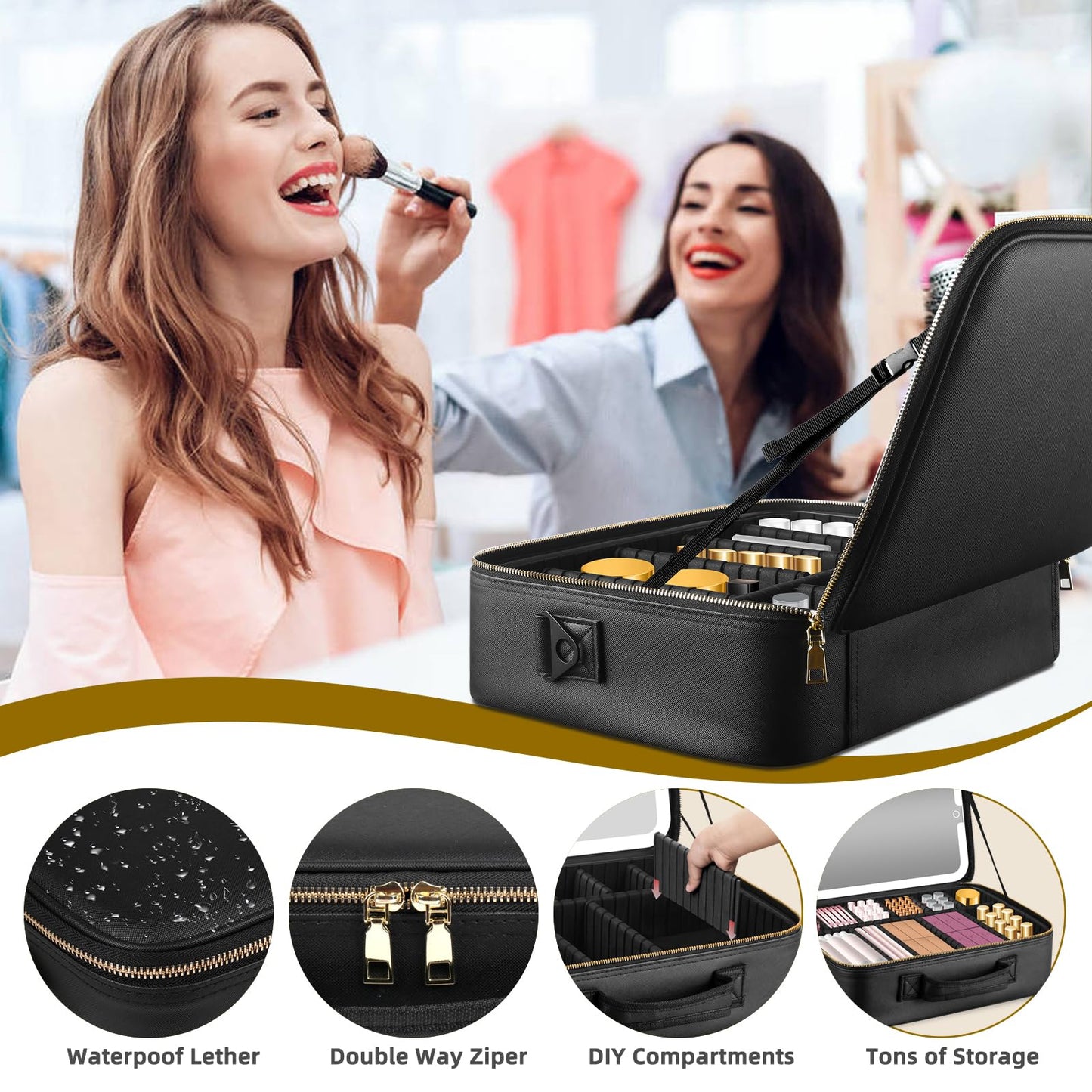 Suupvaor 15''X11'' Large Makeup Bag with Removable Lighted Mirror, Professional Travel Makeup Train Case PU Leather Cosmetic Make up Organizer with Adjustable Dividers & Brush Storage Board