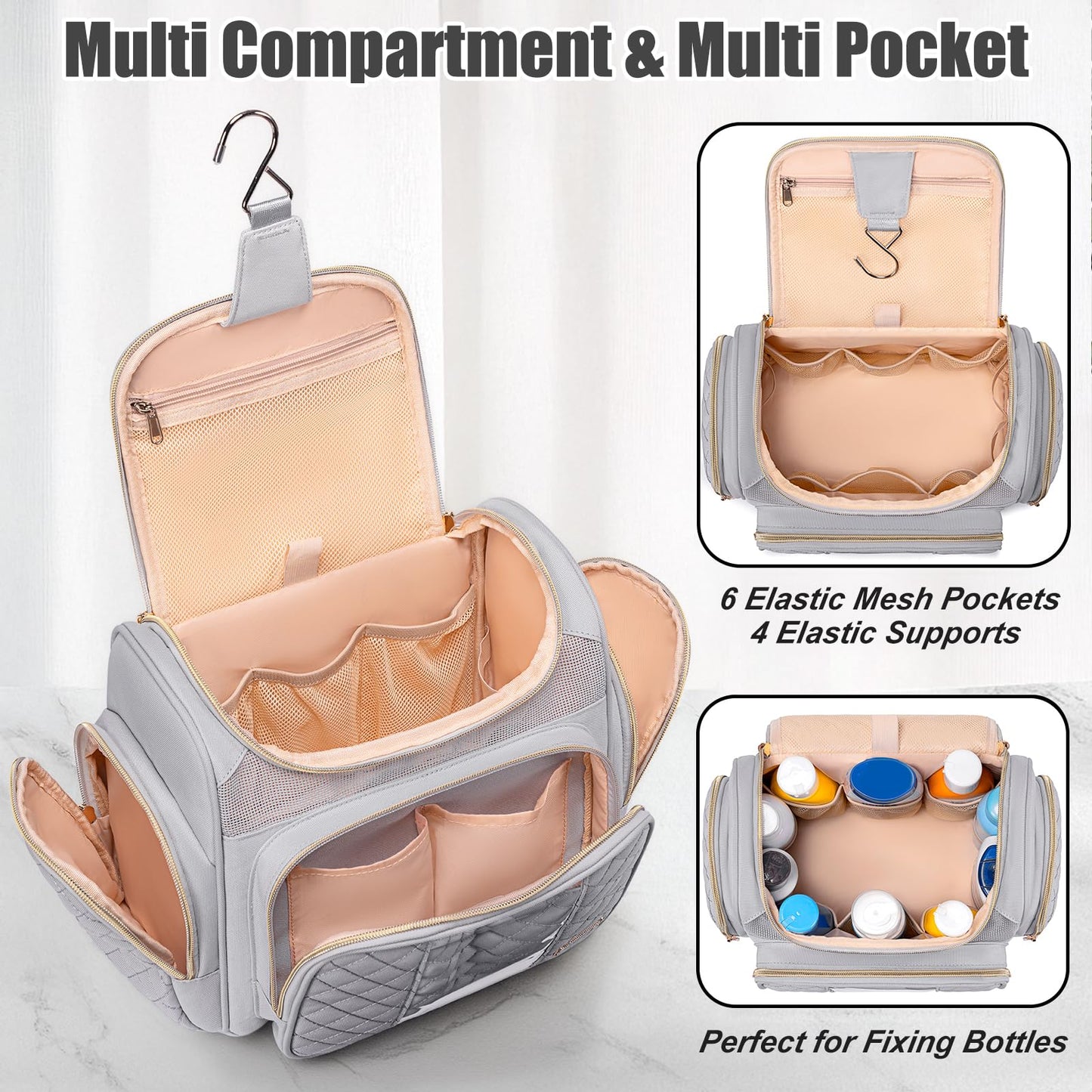 Large Toiletry Bag for Women Men,Bathroom Bag,Water Resistant Shower Bag,Makeup Bag,Toiletry Bags for Traveling,Hanging Toiletry Bag with Transparent Waterproof Phone Pocket (Light Gray)