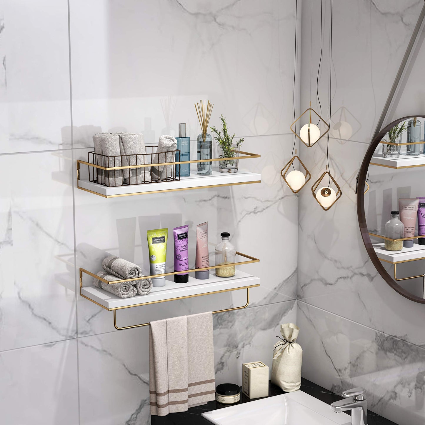 Shario White Floating Shelves - Set of 2, Wall Mounted Hanging Shelves with Golden Towel Rack, Decorative Storage Shelves for Bathroom, Kitchen, Living Room & Bedroom (White Gold, 15.7 Inches)
