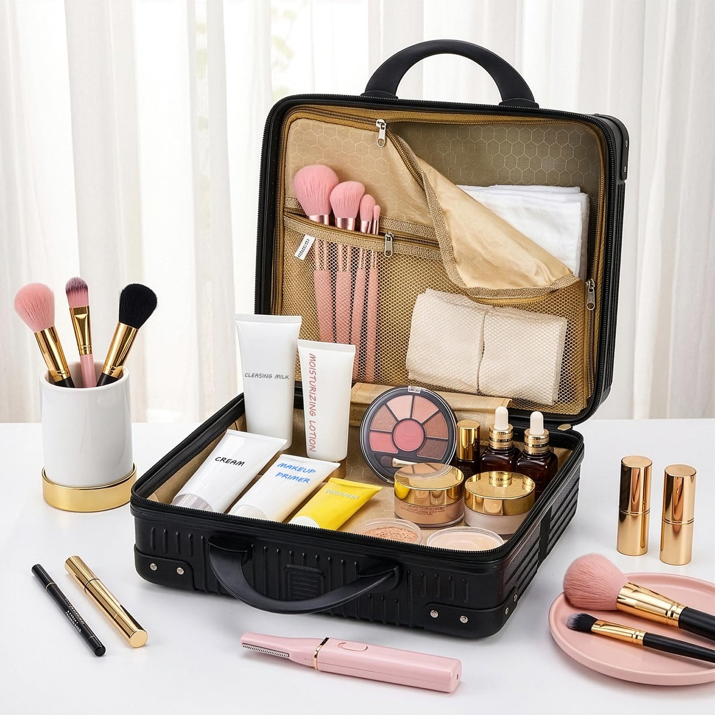 Acshio Hard Shell Cosmetic Travel Case, 17 Inch Small Portable Makeup Train Case with Elastic Band Handle, Pressure-proof ABS Carrying Suitcase Toiletry Box for Travel, Camping, Black