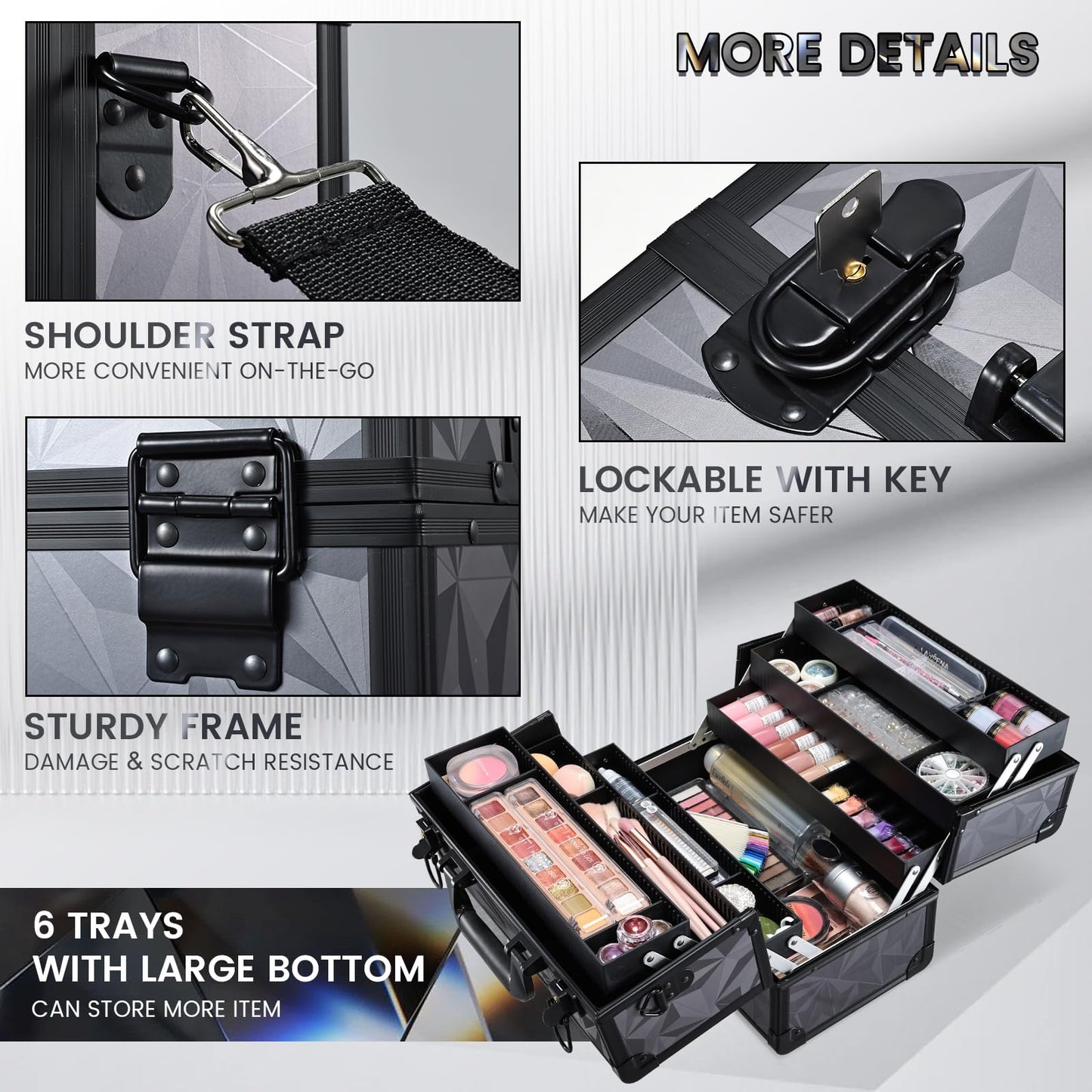 FRENESSA Makeup Case Extra Large Makeup Train Case 12.6 Inch Makeup Box Organizer Profressional Make Up Cases Storage Cosmetic Artist Travel Case with Divider Shoulder Strap Hard Vanity Dark Black