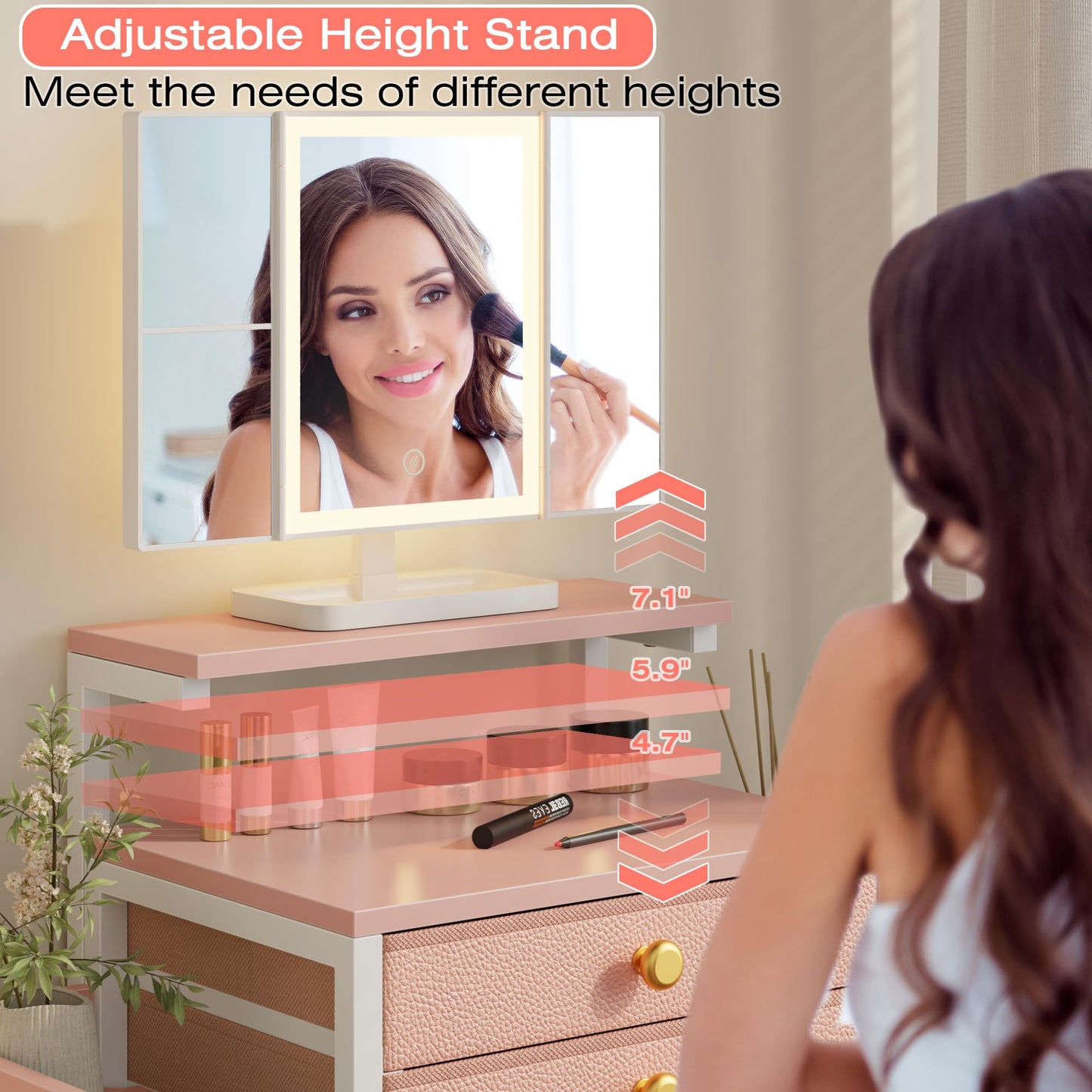 HIGDBFE Vanity Desk with Mirror and Lights 28.4''W Small Makeup Vanity