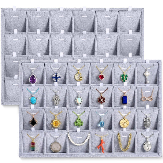Hinly 2 Pcs 24 Grid Stackable Jewelry Organizer Tray with Removable Dividers Ice Velvet Jewelry Display Showcase Tray for Necklace Earring Ring Bracelet Holder (Gray Velvet)
