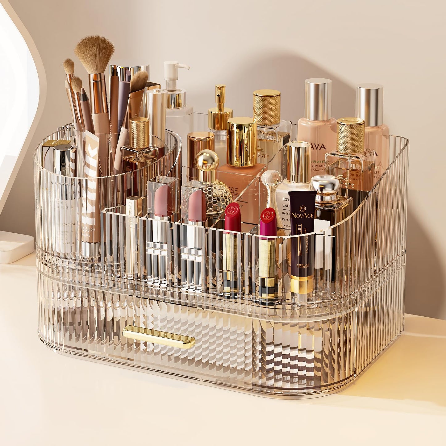 Makeup Organizer with 360° Rotating Brush Holder and Stackable Drawers, Cosmetic Display Case for Vanity, Bathroom Countertop (Clear, 2 Layer)