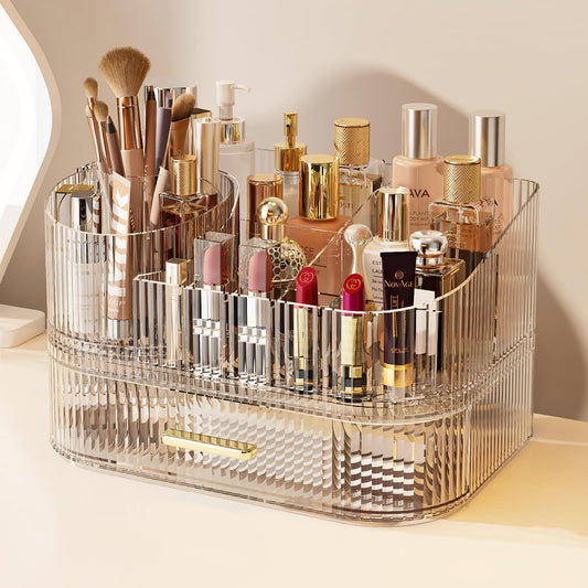 Makeup Organizer with 360° Rotating Brush Holder and Stackable Drawers, Cosmetic Display Case for Vanity, Bathroom Countertop (Clear, 2 Layer)