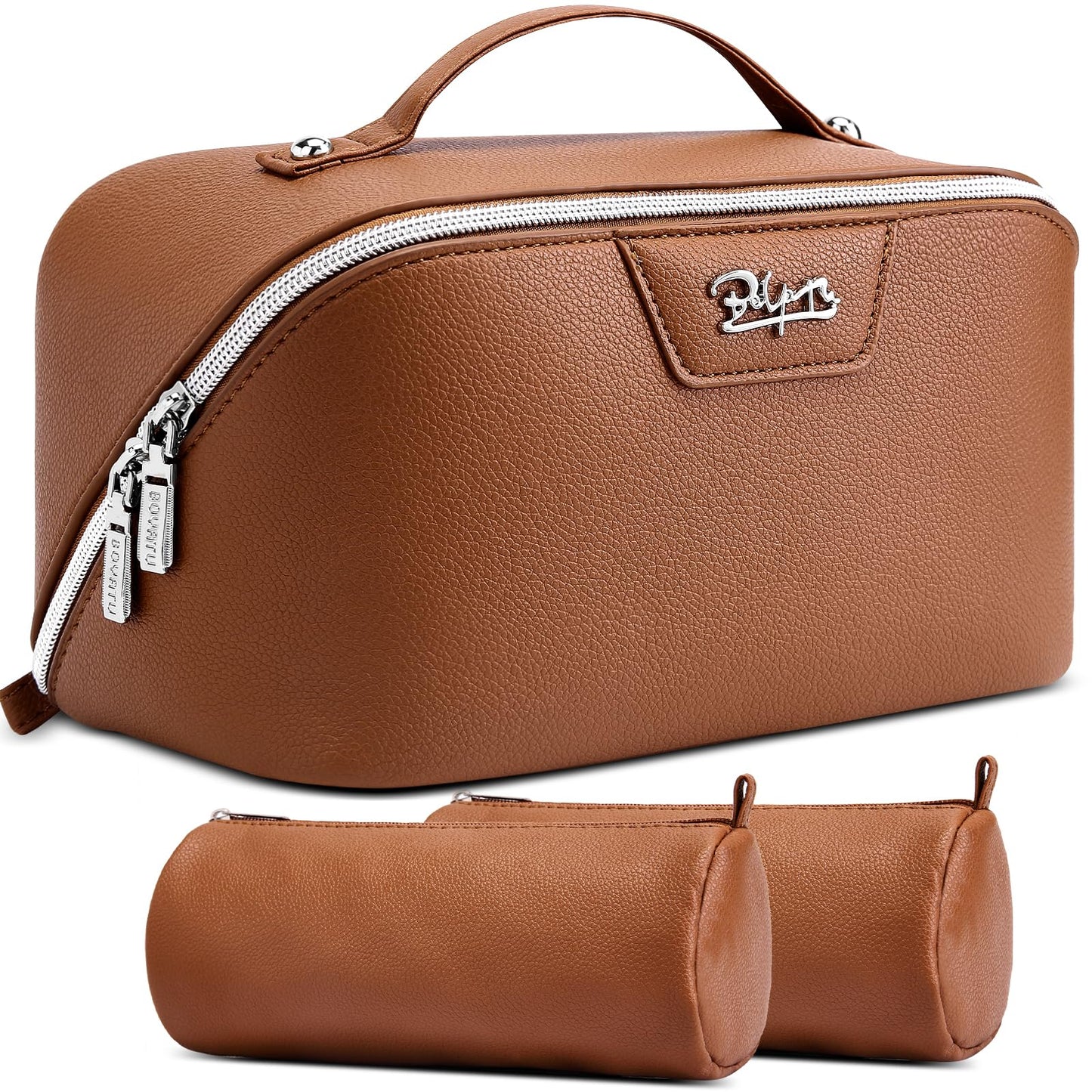 BOYATU Travel Makeup Bag Cosmetic Bags for Women: Large Capacity 3 Pcs Set Make up Bag with Compartments - Waterproof Vegan Leather Toiletry Organizer Bags with Handle (L25Brown)