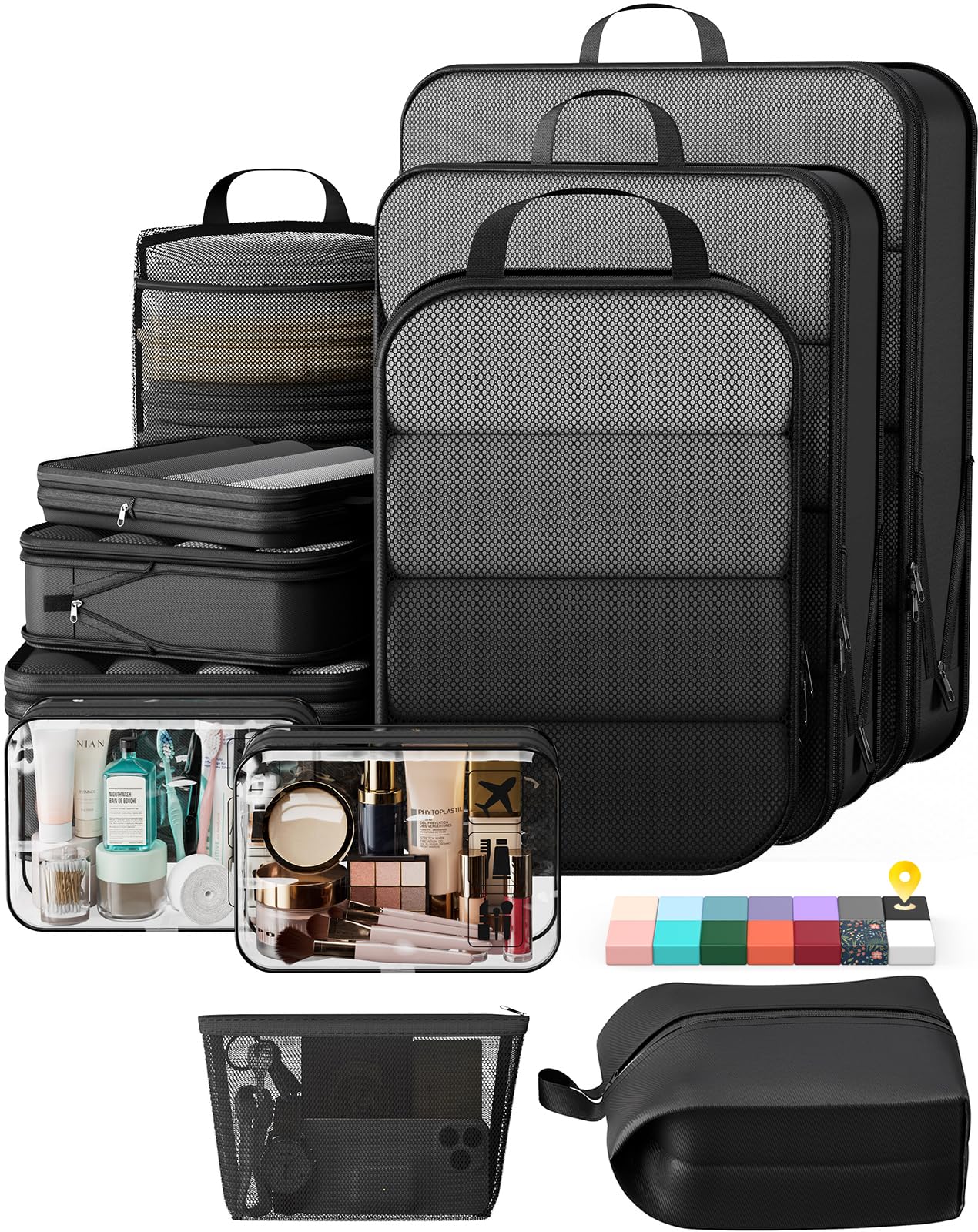 Veken 11-Pack Compression Packing Cubes for Travel Essentials,Compressible Expandable Large Luggage Suitcase Organizer Bags for Clothing,Durable Space Saver Bags with Toiletry Bags(Black)