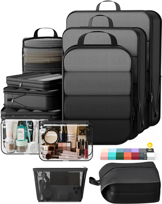 Veken 11-Pack Compression Packing Cubes for Travel Essentials,Compressible Expandable Large Luggage Suitcase Organizer Bags for Clothing,Durable Space Saver Bags with Toiletry Bags(Black)