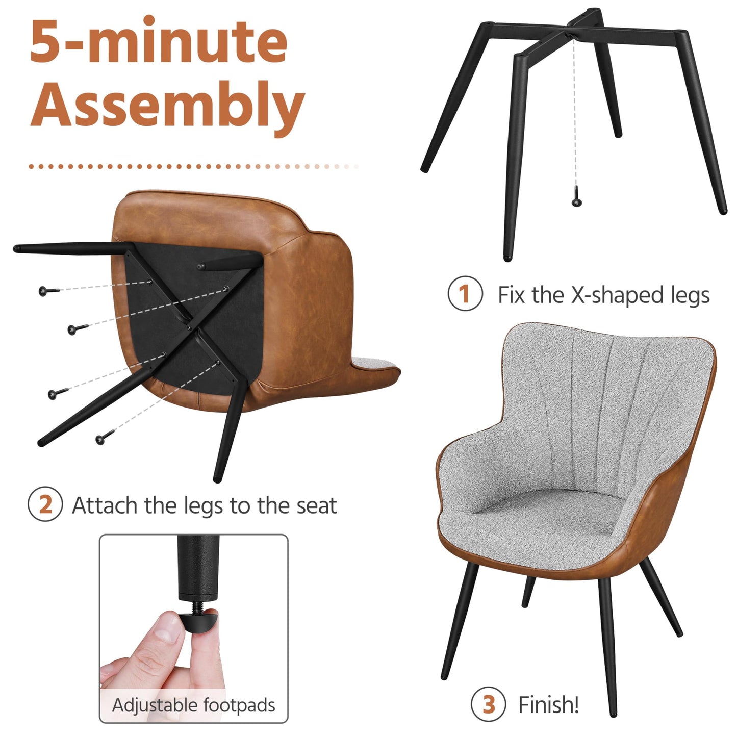 Yaheetech Accent Chair, Modern Fuzzy Boucle Fabric and Faux Leather Armchair, Upholstered Vanity Chair with High Curved Back and Metal Legs for Living Room Makeup Bedroom, Gray/Retro Brown