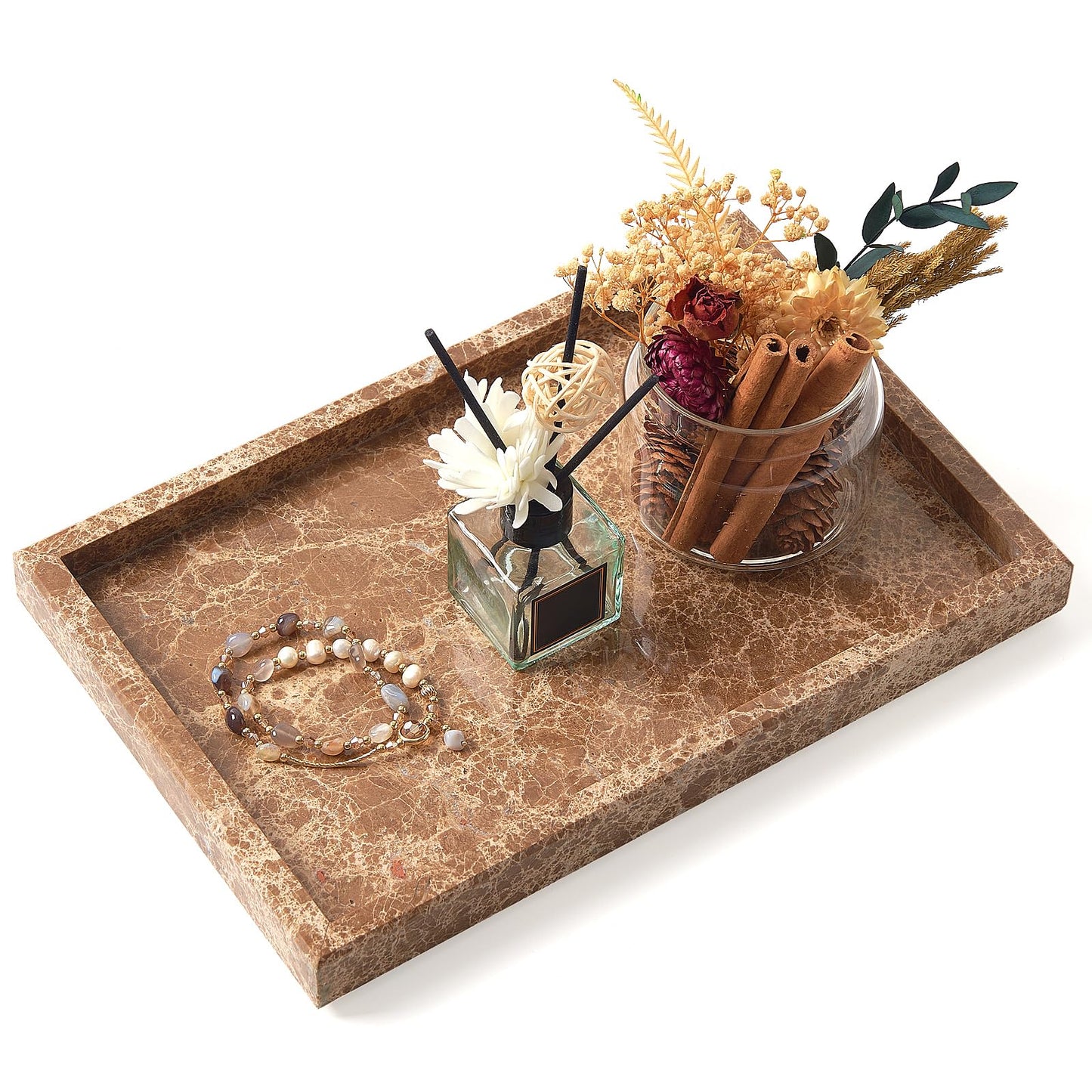 Marble Bathroom Tray,Pure Natural Vanity Tray,Marble Tray for Kitchen Counter Non-Ceramic/Non-Resin,Stone Trays 12 x 8 inch （Dark Brown）