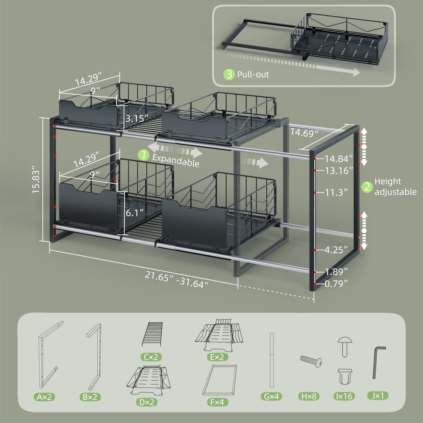 NETEL Adjustable Under Sink Organizers and Storage,Expandable Cabinet Storage Shelf with 4 Pull Out Baskets
